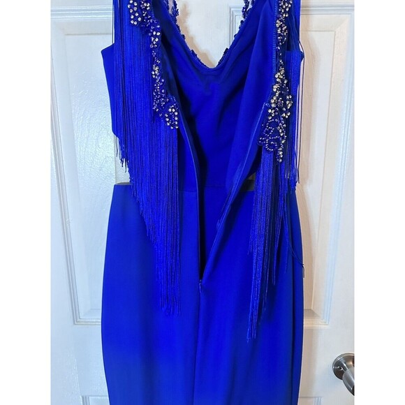 Odrella Royal Blue Event Gown Tassel  Mesh Cut out Beaded Design Size 6 - Picture 11 of 16